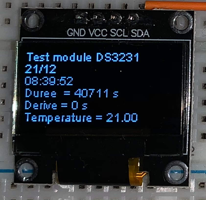 Affichage des résultats du test du module RTC DS3231 sur un écran OLED