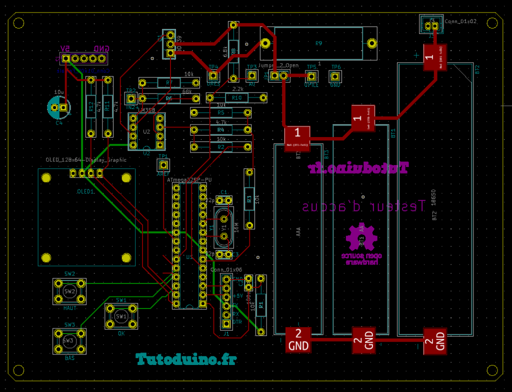 PCB KiCad d'une carte qui mesure la capacité des accus NiMH AA/AAA et Li-Ion 18650